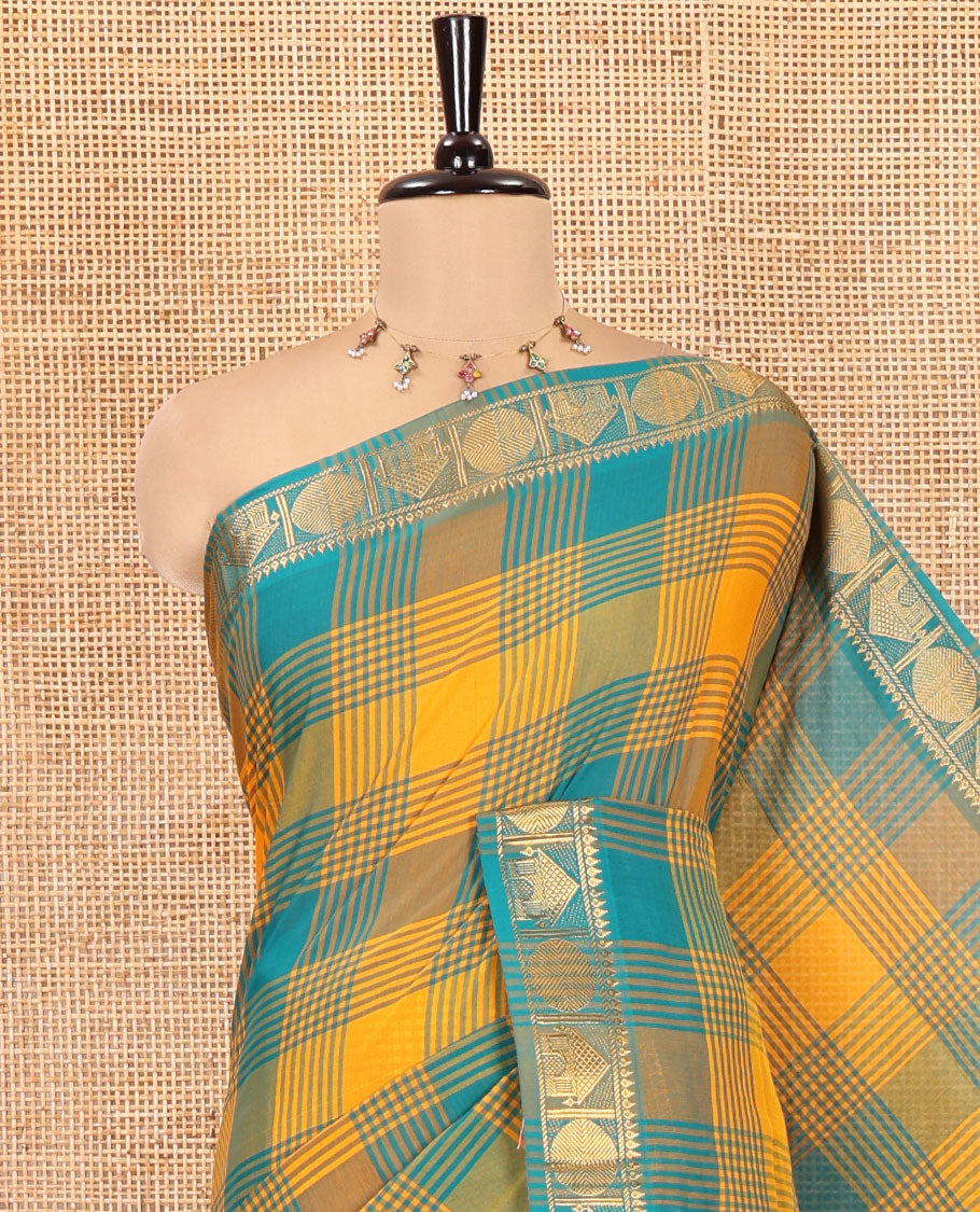 Yellow-Rama Chettinad Cotton Saree, Adorned with Checks, Zari Border of House Motifs, and Matching Blouse