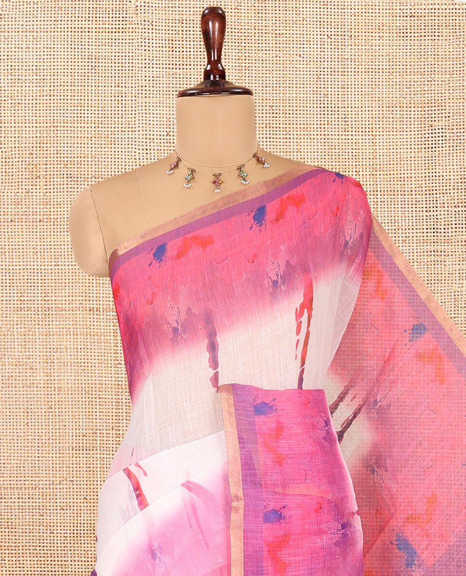 White-Magenta Linen Cotton Saree Features Watercolor Painting-style Shibori Print, Contrast Printed Border, Printed Pallu, and a Contrast Blouse