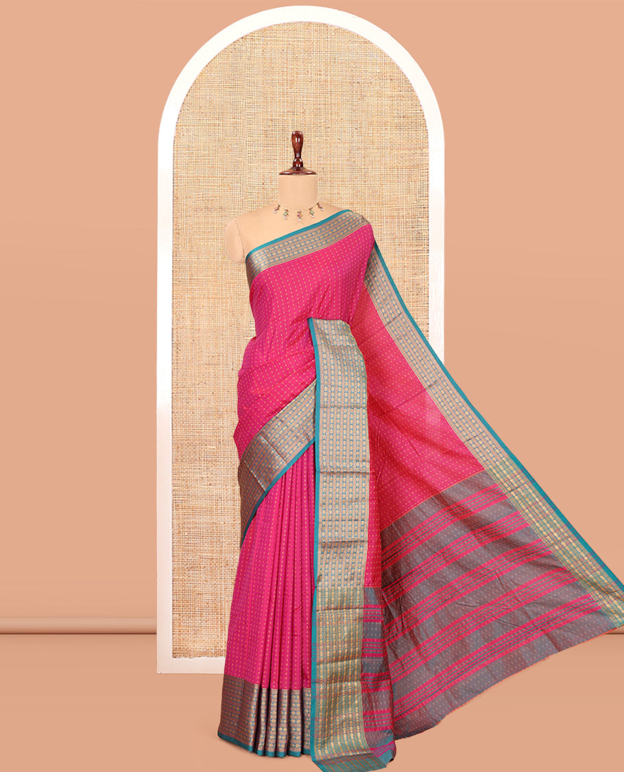 Pink Semi-Soft Silk Saree, Adorned with Plus-Shaped Buttas, Complemented by a Contrast Border, Striped Pallu, and a Contrast Blouse