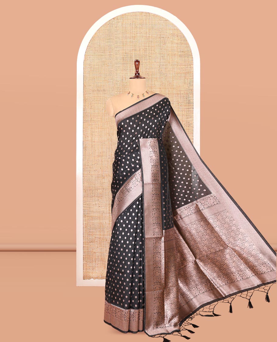Black Elite Soft Silk Saree, Elevated with Rudraksham Zari Buttas, Traditional Zari Border, Rich Pallu, and a Matching Blouse