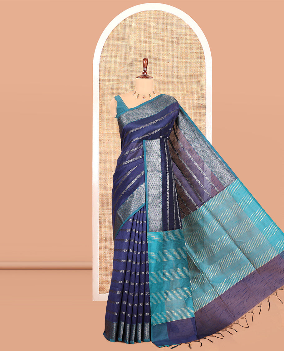Navy Blue Zari-Striped Semi-Raw Silk Saree with a Contrast Zari Border, Intricate Pallu, and Contrast Blouse
