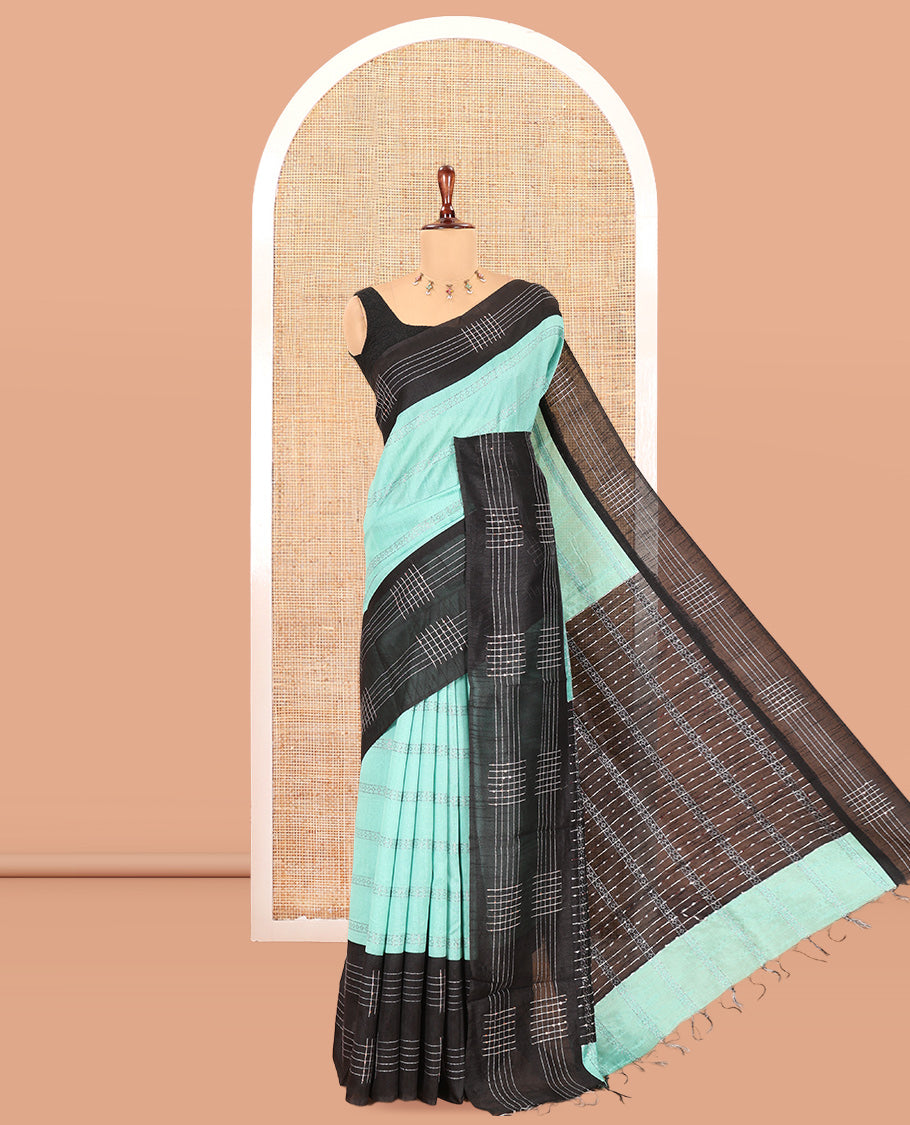Sea Blue Zari Design Semi-Raw Silk Saree, a Contrast Checked Design Border, a Contrast Pallu, and a Contrast Blouse
