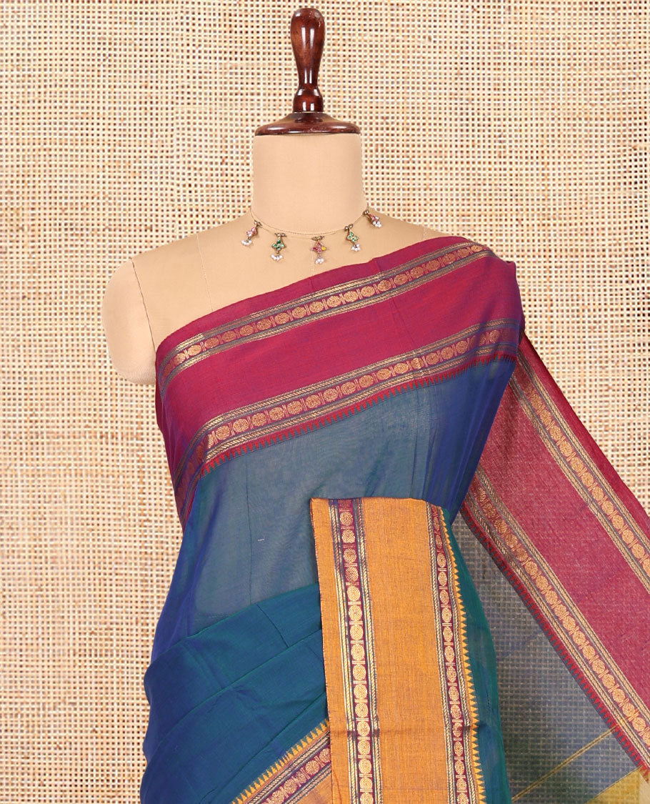 Blue Plain Mercerised Cotton Saree, Contrast Ganga-Jamuna Temple Rudraksha Border, Striped Pallu, and a Matching Blouse