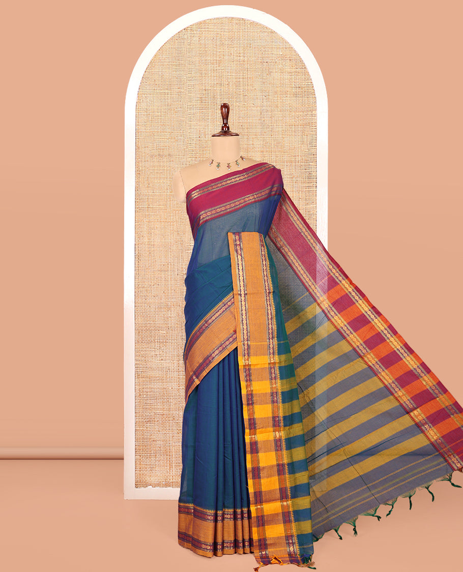 Blue Plain Mercerised Cotton Saree, Contrast Ganga-Jamuna Temple Rudraksha Border, Striped Pallu, and a Matching Blouse