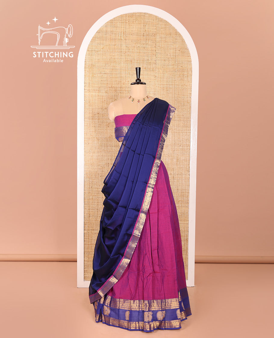 Magenta and Blue Sungudi Cotton Half-Saree Featuring Plain Skirt, Adorned with a Contrast Traditional Motifs Woven Zari Border of Annam Motifs, Paired with a Matching Blouse, and Contrast Syska Georgette Dhavani with Zari Border