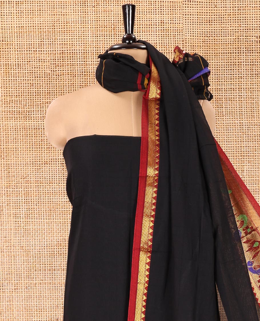 Black Mercerised Cotton Material Chudidar Set, Mesmerized with Paithani Bordered Top, a Mercerised Cotton Bottom, and Paired with a Matching Mercerised Cotton Paithani Bordered Dupatta