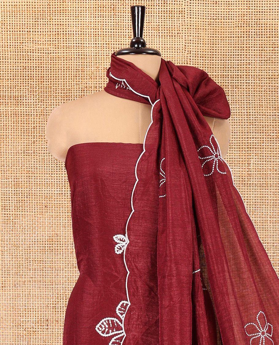 Maroon Material Chudidar Set, Delicately Woven with Floral Thread Embroidered Mul Chanderi Top, a Mul Chanderi Bottom, Paired with Floral Thread-Embroidered Mul Chanderi Dupatta