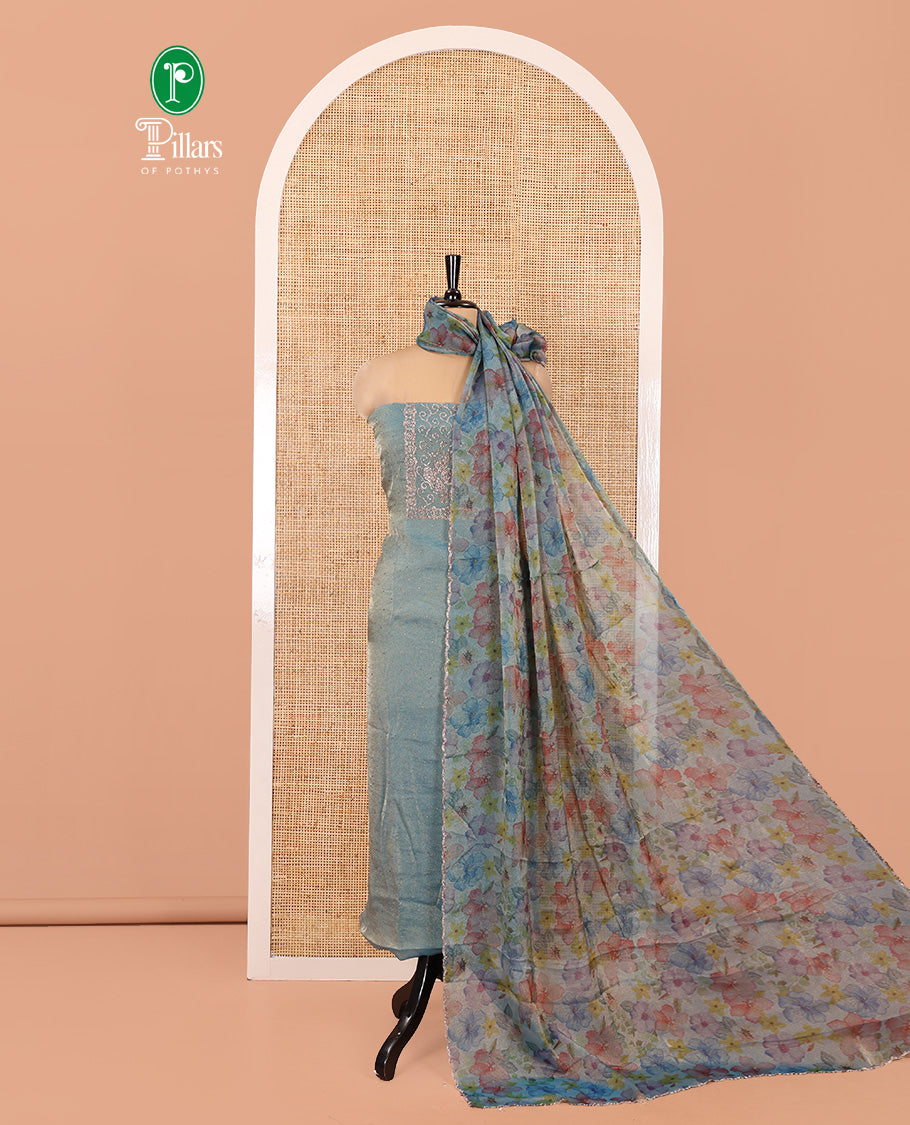 Sea Blue Moss Organza Material Chudidar Set, Finely Crafted with Stonework Top, a Plain Bottom, and Floral Printed Scallop-Stonework Bordered Dupatta