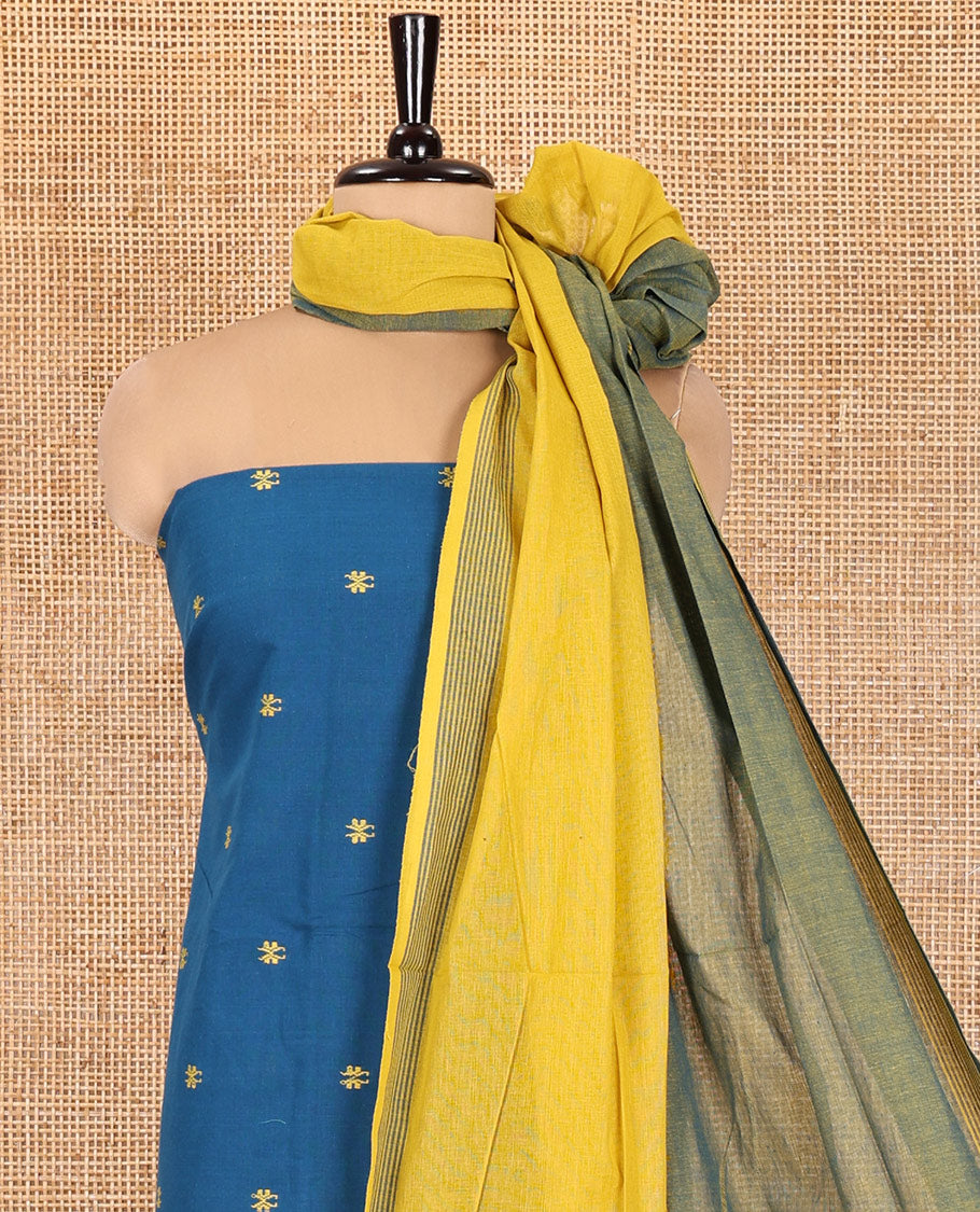 Peacock Blue Handloom Cotton Material Chudidar, Buttas Woven Top, a Plain Bottom, and Contrast Dupatta