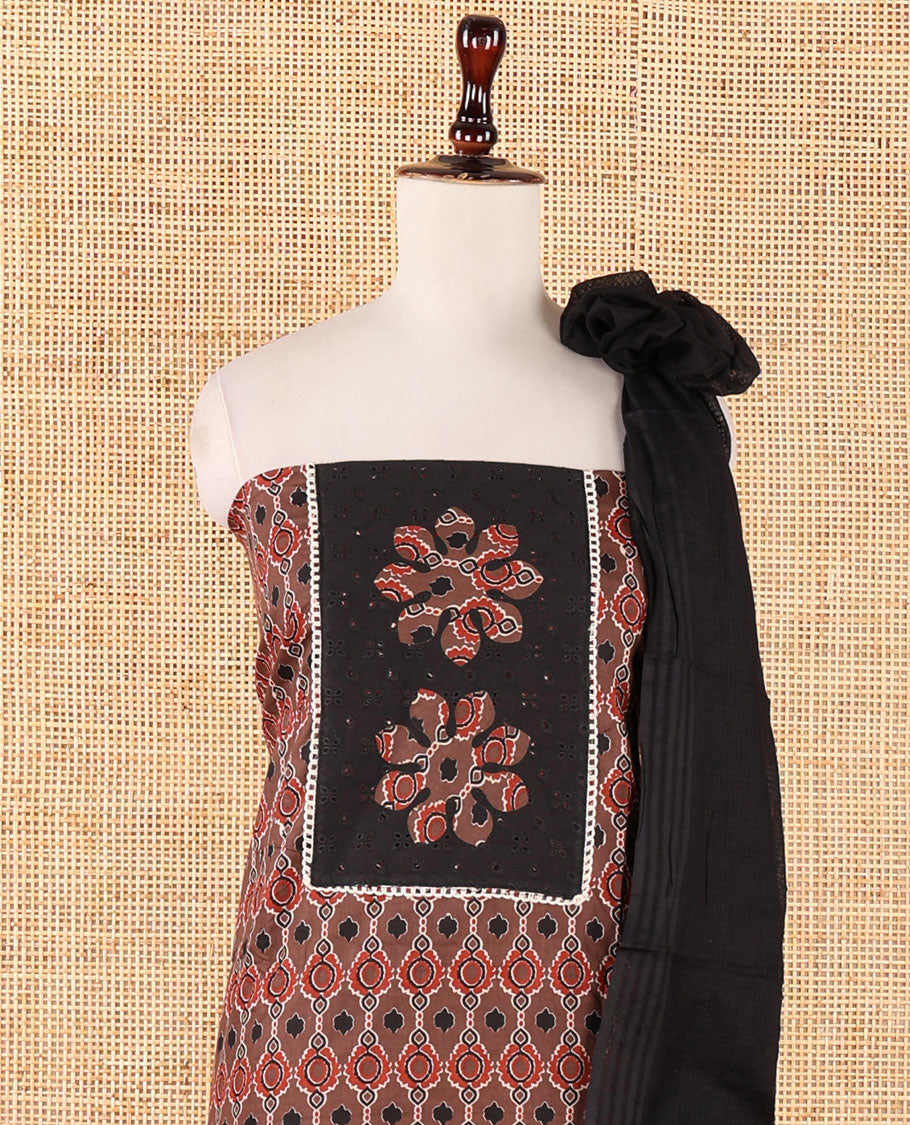 Brown material chudidar set,ajrakh print & neck hakoba embroidery soft cotton top,plain cotton bottom & contrast ajrakh patchwork kota dupatta