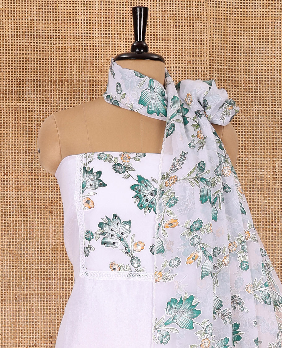 White-green material chudidar set, floral vine printed with orginal mirror work Vichitra silk top, a matching bottom, and a floral vine printed georgette dupatta