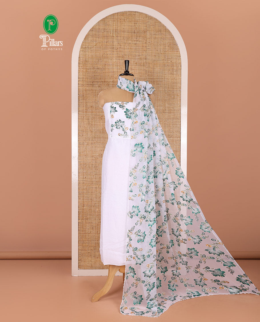 White-green material chudidar set, floral vine printed with orginal mirror work Vichitra silk top, a matching bottom, and a floral vine printed georgette dupatta