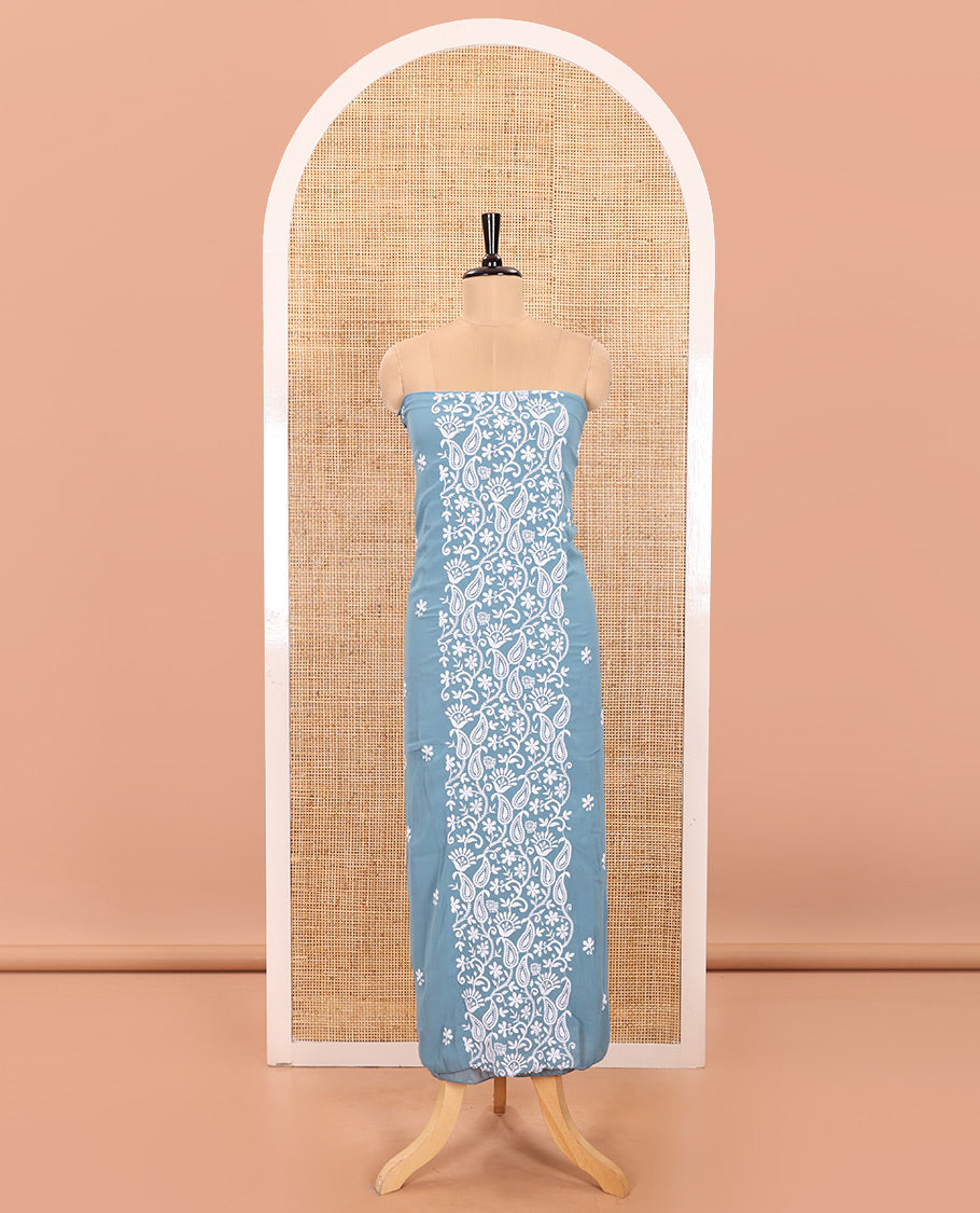 Ferozi Blue Material Chudidar Set Featuring Chikankari-Style Paisley Vine Design, Thread-Embroidered Georgette Top, Subtly Made Plain Santoon Material Bottom, and a Floral Motifs-Embroidered Georgette Scallop-Bordered Dupatta