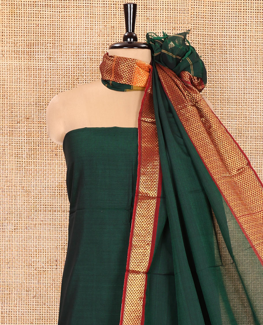 Bottle Green Mercerised Cotton Material Churidar Set, Subtly Made with Plain and Traditional Ara Maadam Bordered Top, Comes with a Plain Mercerised Cotton Bottom, and Is Paired with a Mercerised Cotton Ara Maadam Woven Dupatta
