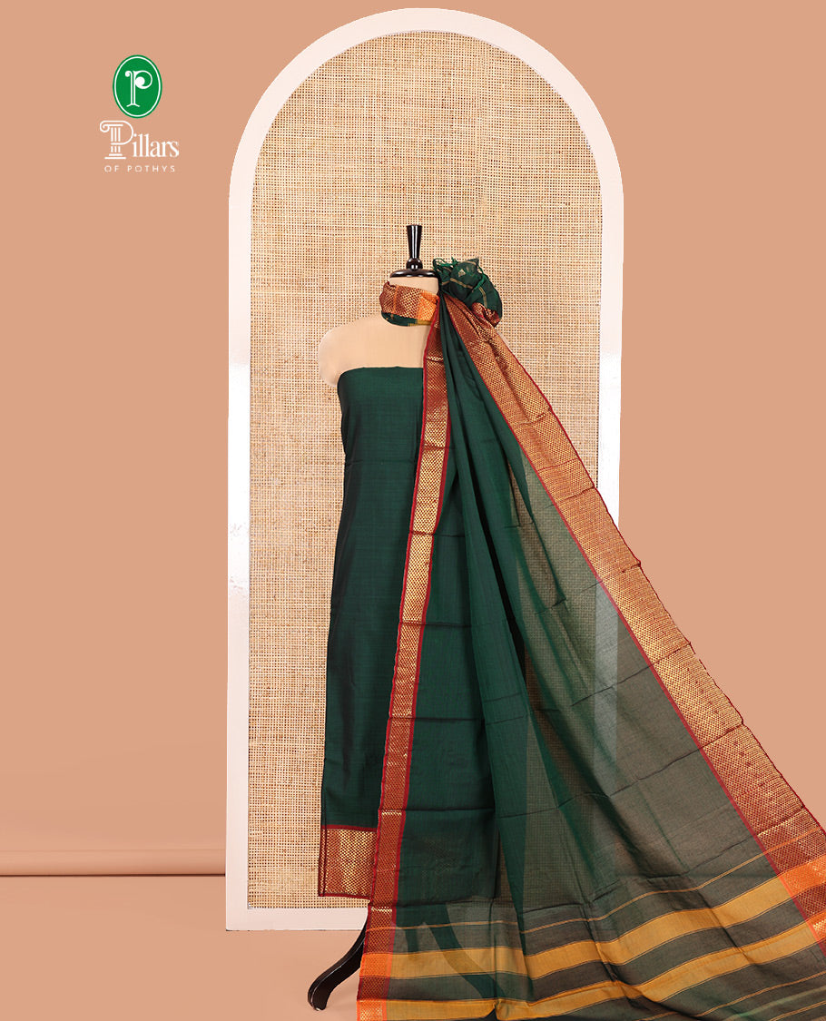 Bottle Green Mercerised Cotton Material Churidar Set, Subtly Made with Plain and Traditional Ara Maadam Bordered Top, Comes with a Plain Mercerised Cotton Bottom, and Is Paired with a Mercerised Cotton Ara Maadam Woven Dupatta