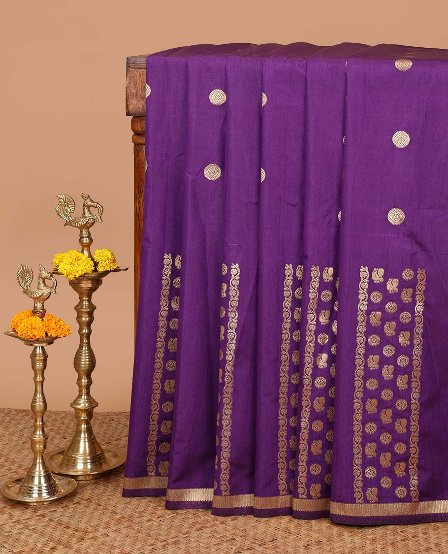 Purple peacock mile chakra butta dola silk saree with zari border & rich zari pallu along with mile chakra butta blouse