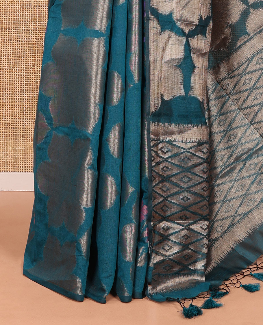 Borderless rama green zari 6-petal flowers, and colorful floral motifs woven fancy tussar saree, jaal pallu, and a matching jacquard blouse