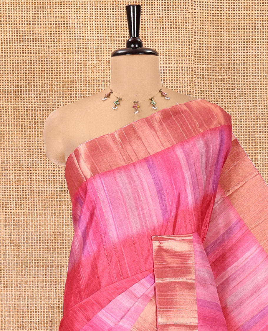 Pink Plain Fancy Tussar Saree, Highlighted by a Zari Bavanji Handbrush Painting-Style Striped Border, Striped Pallu, and Paired with a Matching Blouse