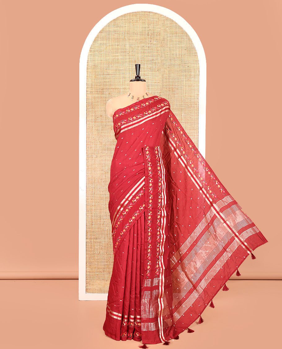 Maroon Assam Silk Saree, Adorned with Buttas on Its Body, Highlighted by a Self-Border of Paithani-Style Floral-Bird Motifs, Zari Striped Pallu, and Paired with a Matching Blouse