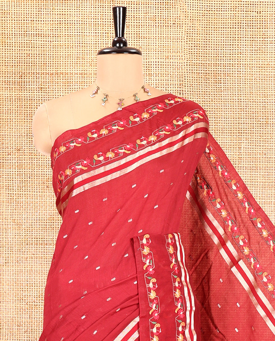 Maroon Assam Silk Saree, Adorned with Buttas on Its Body, Highlighted by a Self-Border of Paithani-Style Floral-Bird Motifs, Zari Striped Pallu, and Paired with a Matching Blouse