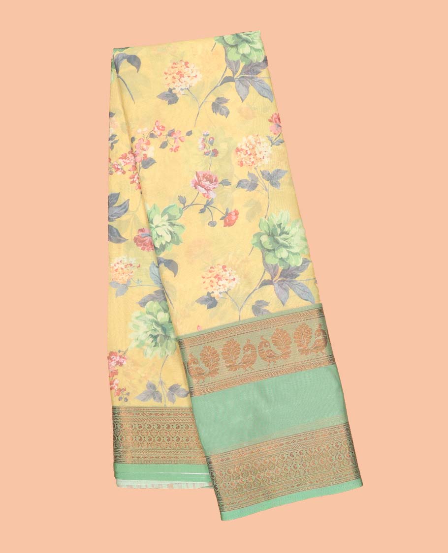 Yellow floral printed semi-banaras printed saree, contrast traditional design border & striped pallu