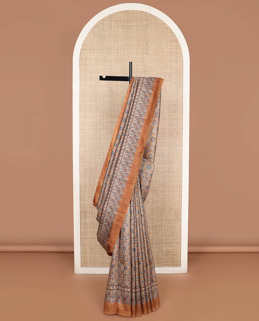Brown ajrak style floral design printed silk saree with contrast border