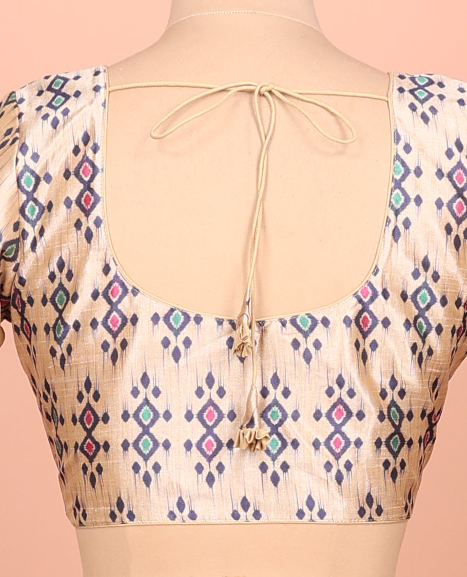 Cream Readymade Blouse Featuring Ikat Print, a Front Round-Neck, Back Round-Neck, and Half-Sleeves