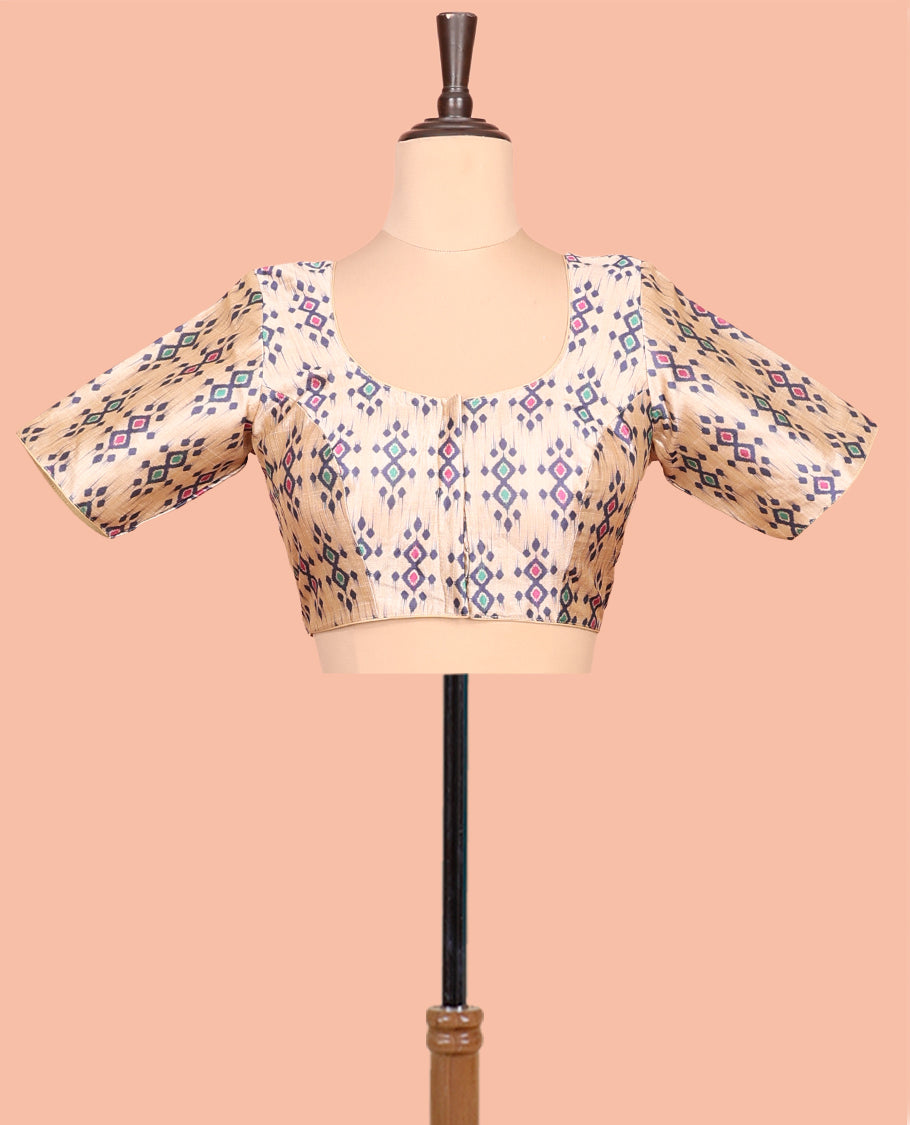 Cream Readymade Blouse Featuring Ikat Print, a Front Round-Neck, Back Round-Neck, and Half-Sleeves