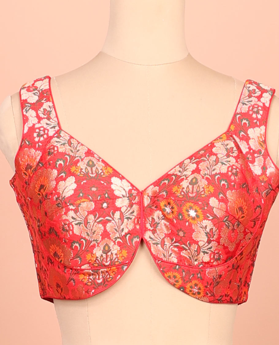 Red floral meenakari jacquard front-back V-neck sleeveless readymade blouse