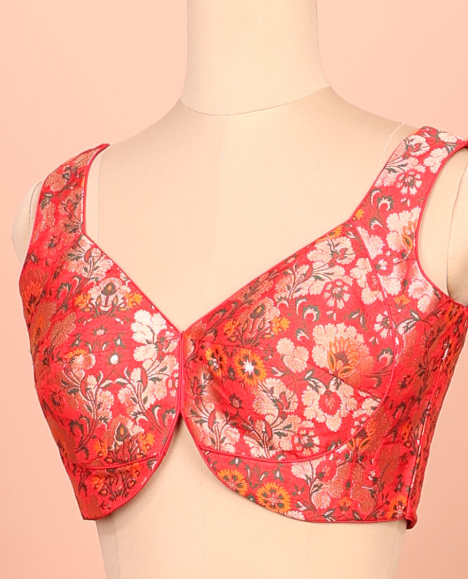 Red floral meenakari jacquard front-back V-neck sleeveless readymade blouse