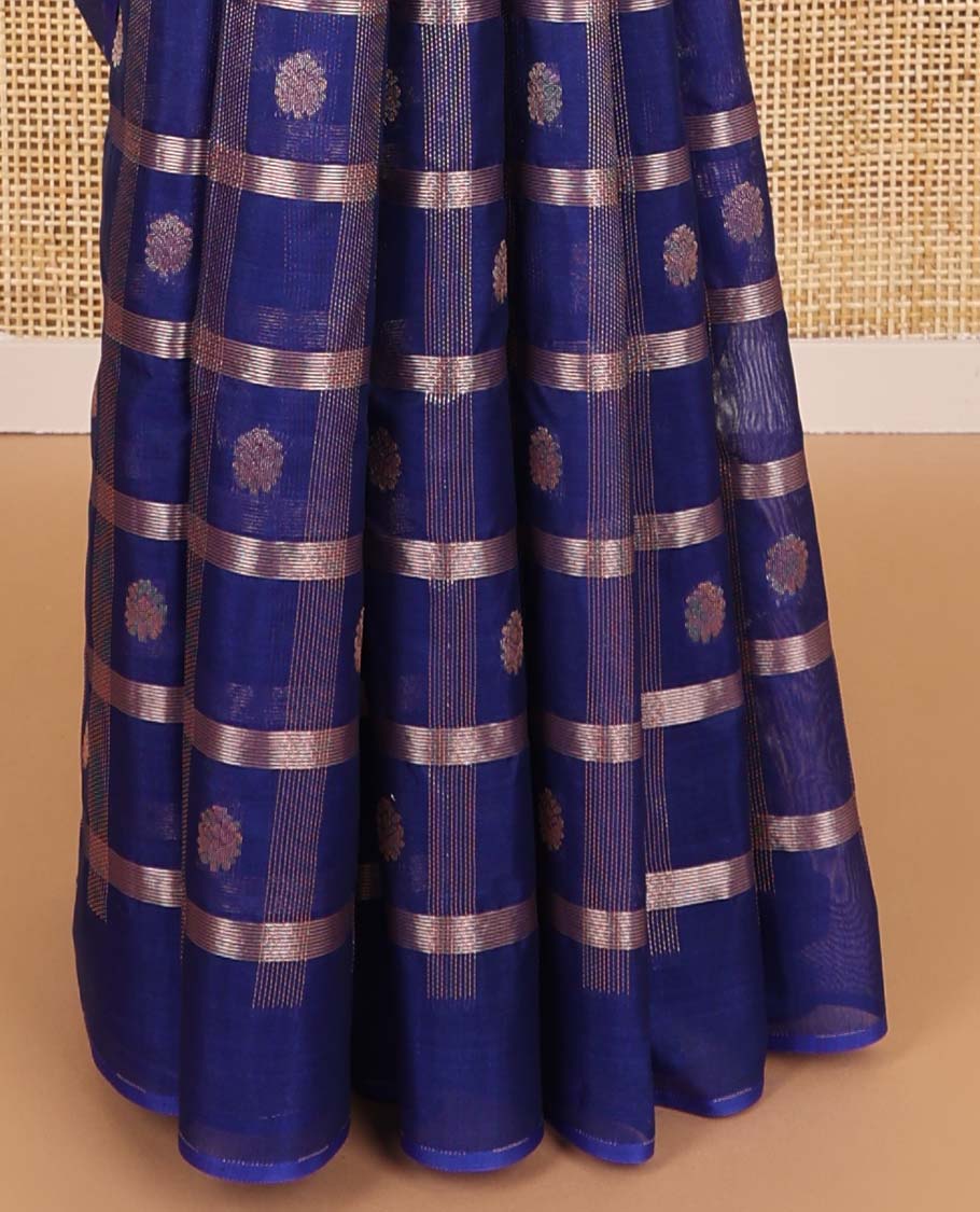 Blue checked, floral motifs silk cotton saree with self border & jaal design pallu