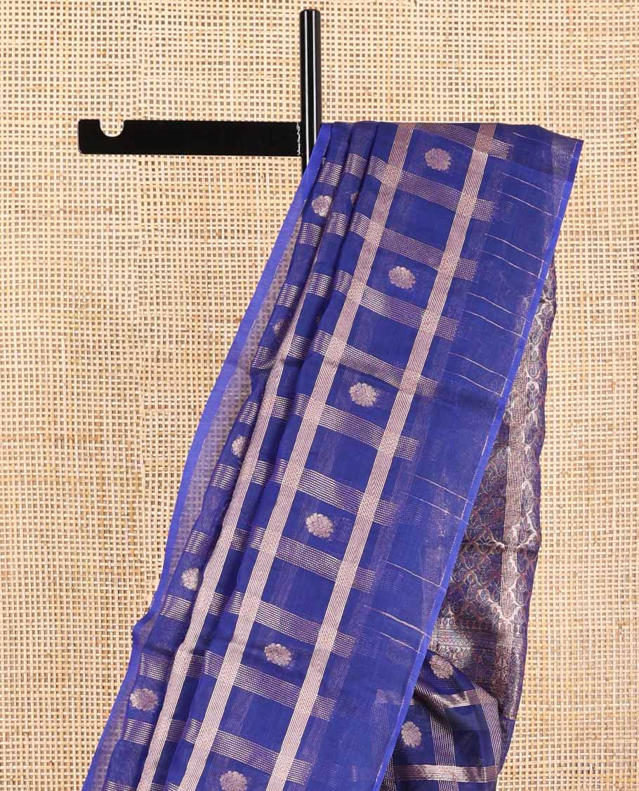 Blue checked, floral motifs silk cotton saree with self border & jaal design pallu