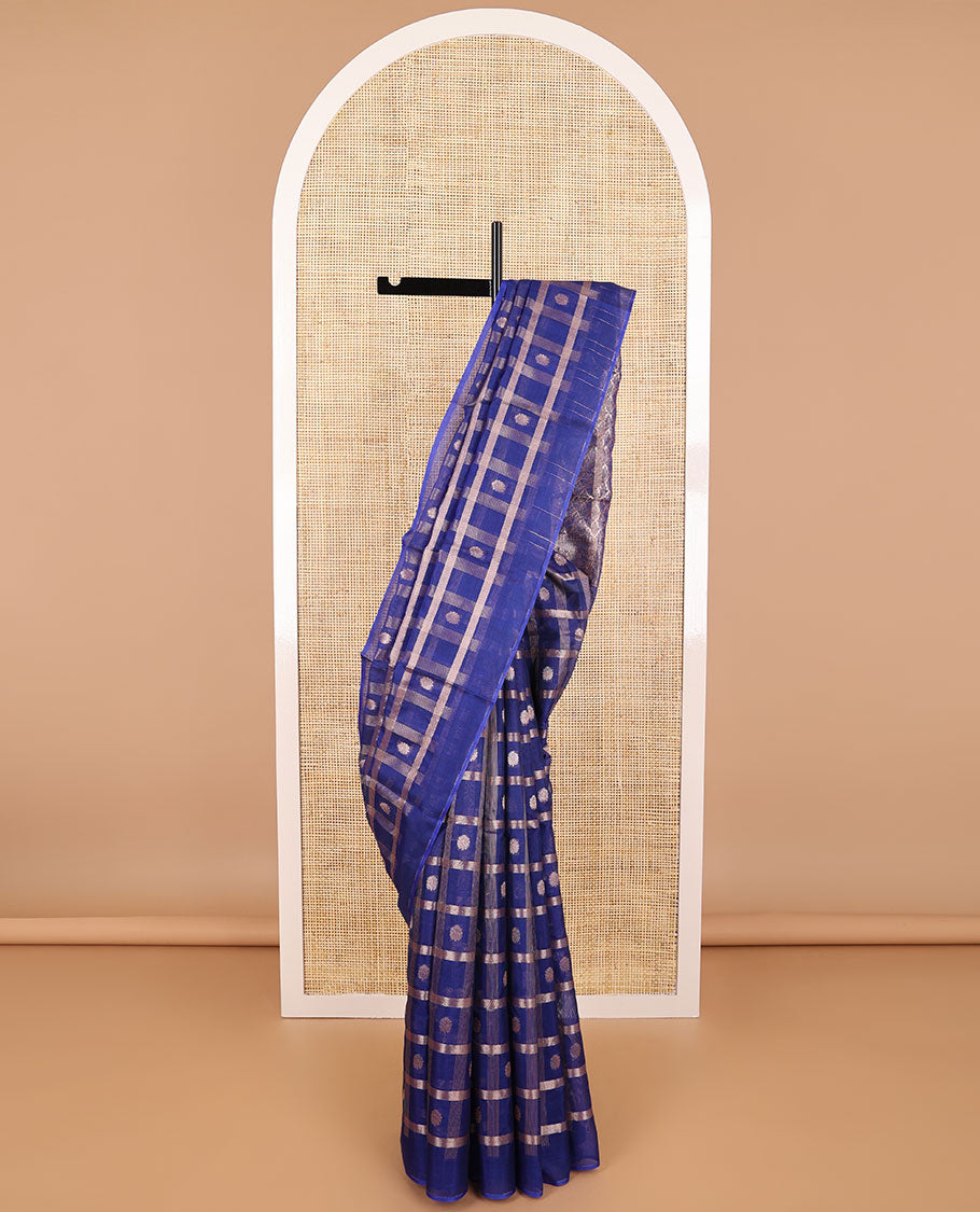 Blue checked, floral motifs silk cotton saree with self border & jaal design pallu