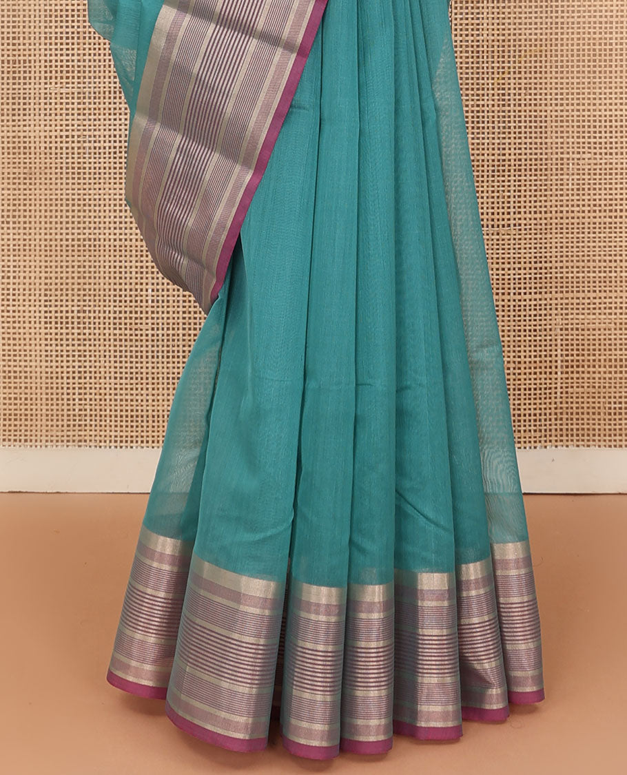 Blue plain silk cotton saree, contrast striped border, and plain pallu