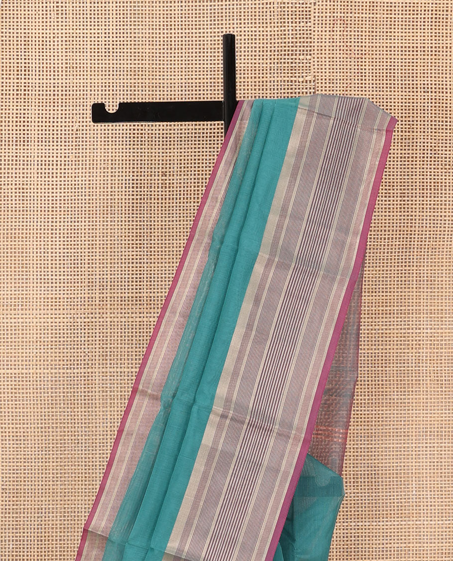 Blue plain silk cotton saree, contrast striped border, and plain pallu