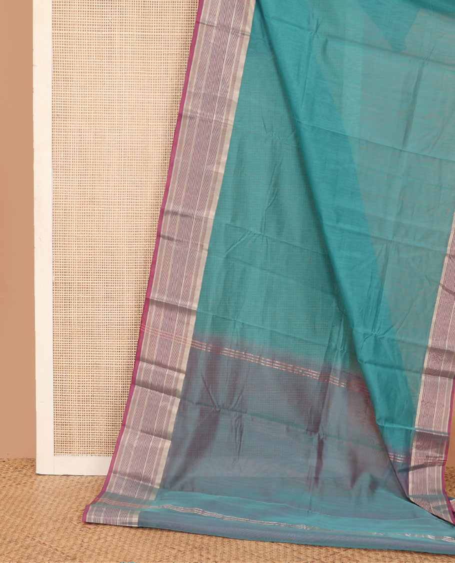 Blue plain silk cotton saree, contrast striped border, and plain pallu
