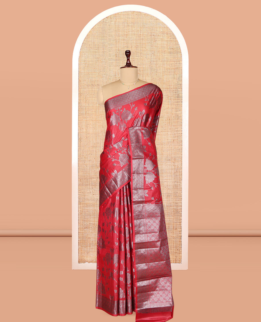 Red Tusser Silk Saree, Decorated with Floral Jaal Jacquard Design, a Zari Border, Intricate Pallu, and a Matching Blouse