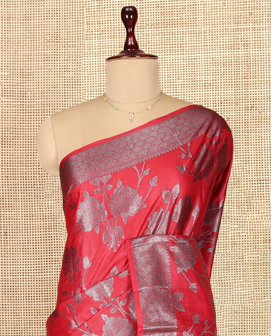 Red Tusser Silk Saree, Decorated with Floral Jaal Jacquard Design, a Zari Border, Intricate Pallu, and a Matching Blouse