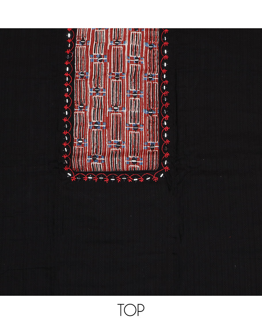 Terracotta red material chudidar set, batik leheriya striped with mirror embroidered top, printed bottom and batik printed dupatta
