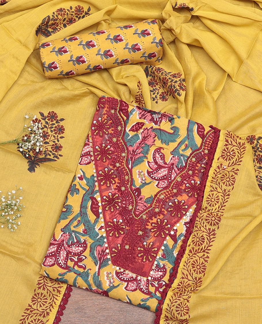 Yellow Cotton Material Churidar Set, Detailed with Floral Print and V-Neck Top, Floral Print Bottom, and Floral Print Dupatta