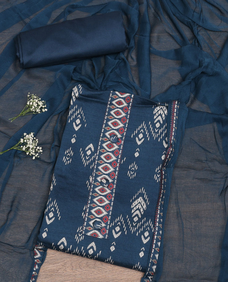 Blue Rayon Ikkat Butta Material Chudidar Set