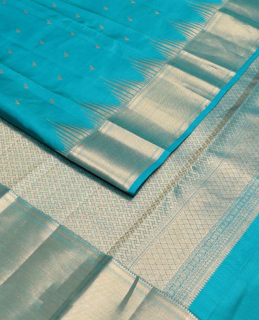 Blue zari buttas Vasundhara silk mix saree, thazampoo rekku traditional zari border & paiyadi kann pallu