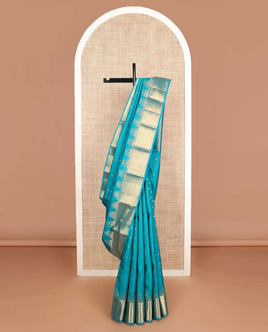 Blue zari buttas Vasundhara silk mix saree, thazampoo rekku traditional zari border & paiyadi kann pallu