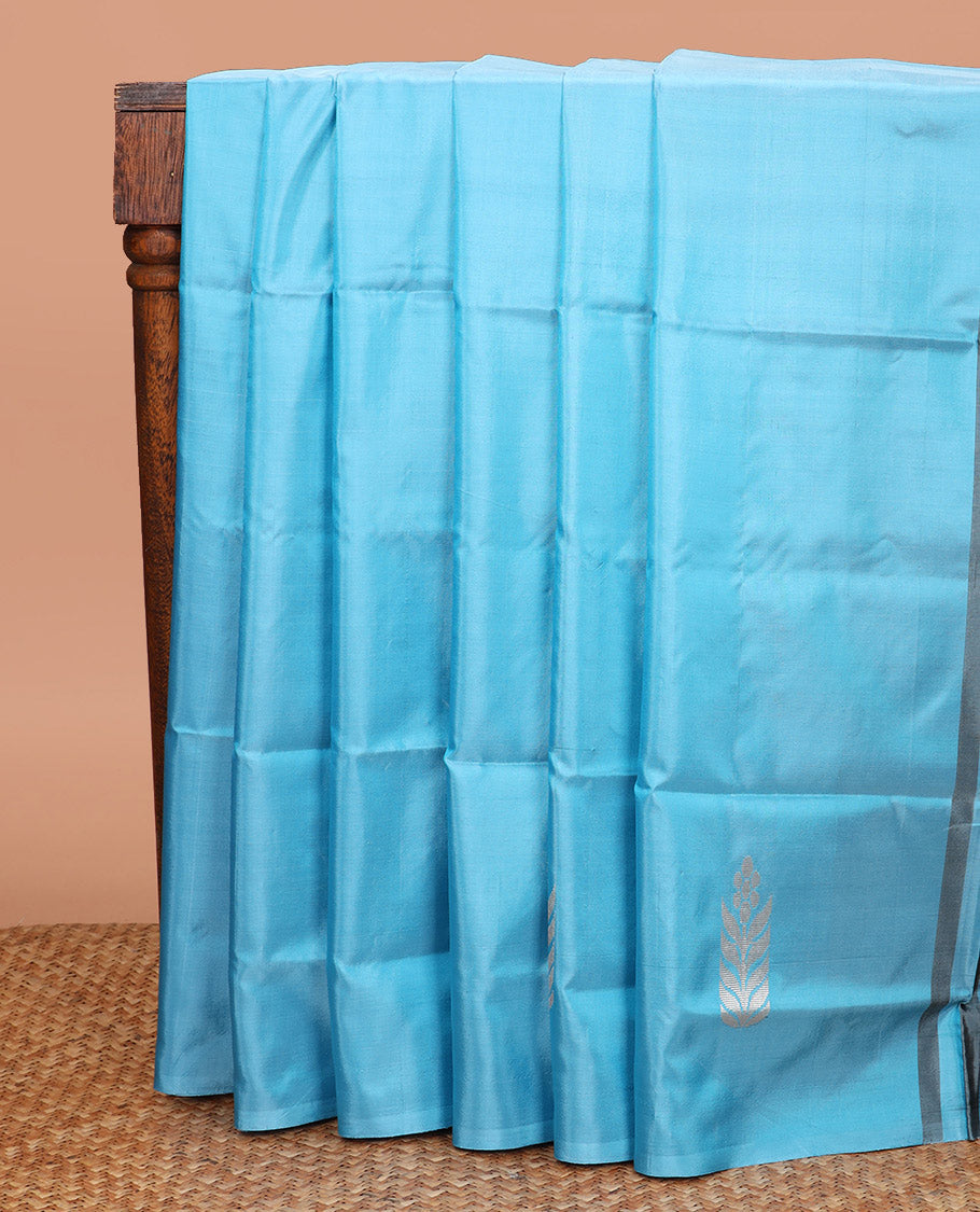 Borderless Light Blue Banana Pith Saree, Showcasing Buttas All Over Its Body, Complemented by a Contrast Pallu of Buttas, and Paired with a Contrast Blouse