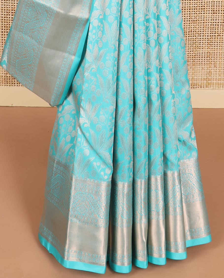Light blue floral jaal design kancheepuram silk saree with self floral design border & jaal design pallu