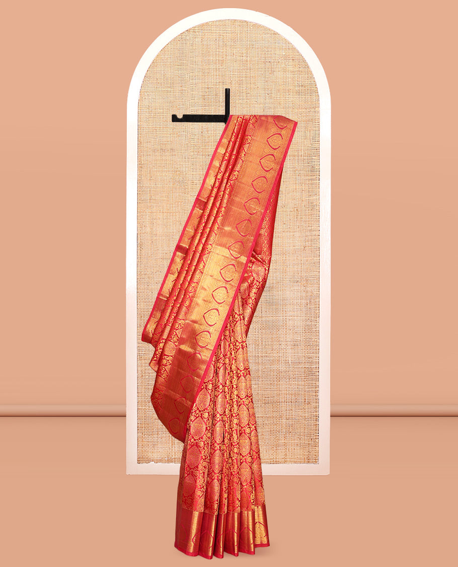 Red Kanchipuram Wedding Silk Saree, Highlighted with Jacquard Design, Zari Border of Traditional Designs, Grand Pallu, and Matching Blouse
