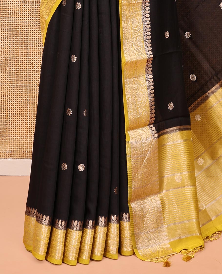 Black Assam Silk Saree, Bedecked with Flower Buttas, Complemented by a Contrast Traditional Border, Zari-Design Pallu, and a Contrast Blouse