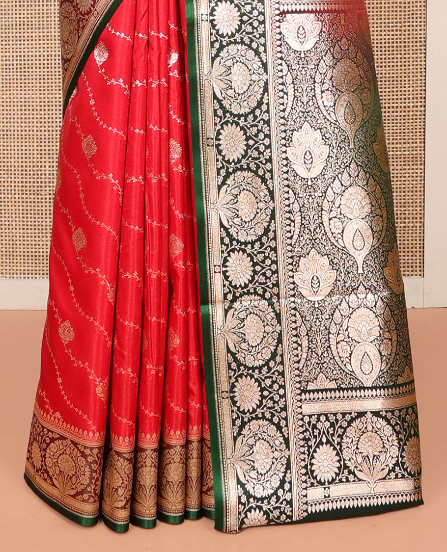 Red Banarasi Nylon Saree, Richly Detailed with Jacquard, a Contrast Floral Creeper Zari Border, Intricate Pallu, and a Contrast Blouse