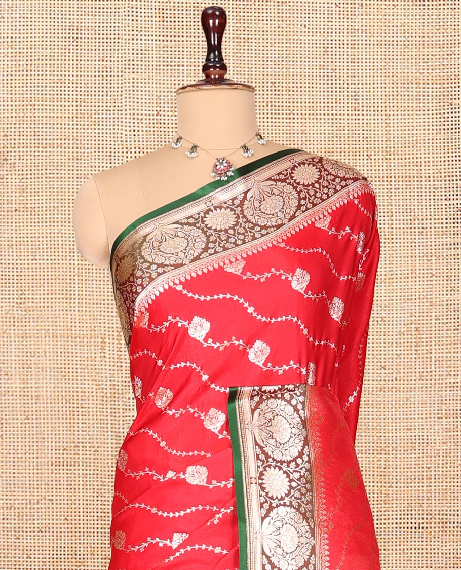 Red Banarasi Nylon Saree, Richly Detailed with Jacquard, a Contrast Floral Creeper Zari Border, Intricate Pallu, and a Contrast Blouse