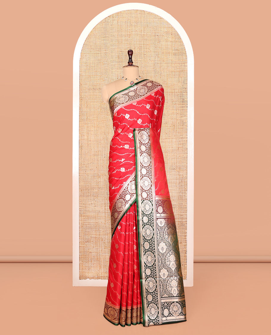 Red Banarasi Nylon Saree, Richly Detailed with Jacquard, a Contrast Floral Creeper Zari Border, Intricate Pallu, and a Contrast Blouse